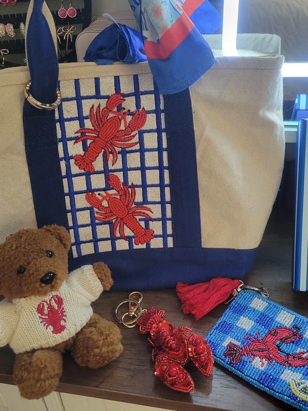 Canvas Tote with Blue Trim and Red Lobster Embroidery Bundle!
